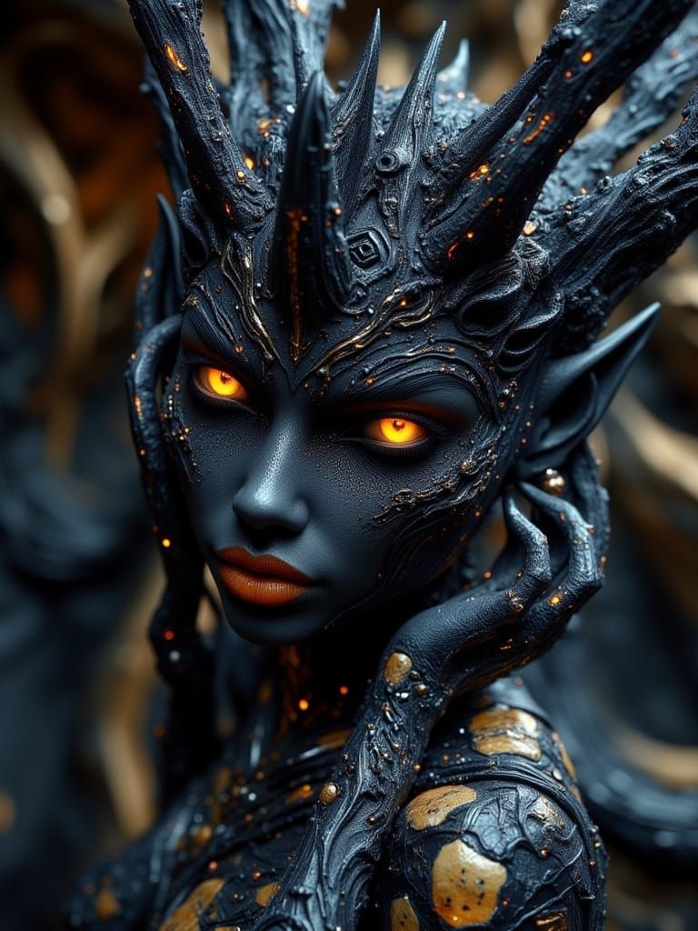 Pitch-Black Demon with Bone Carvings and Metallic Accents