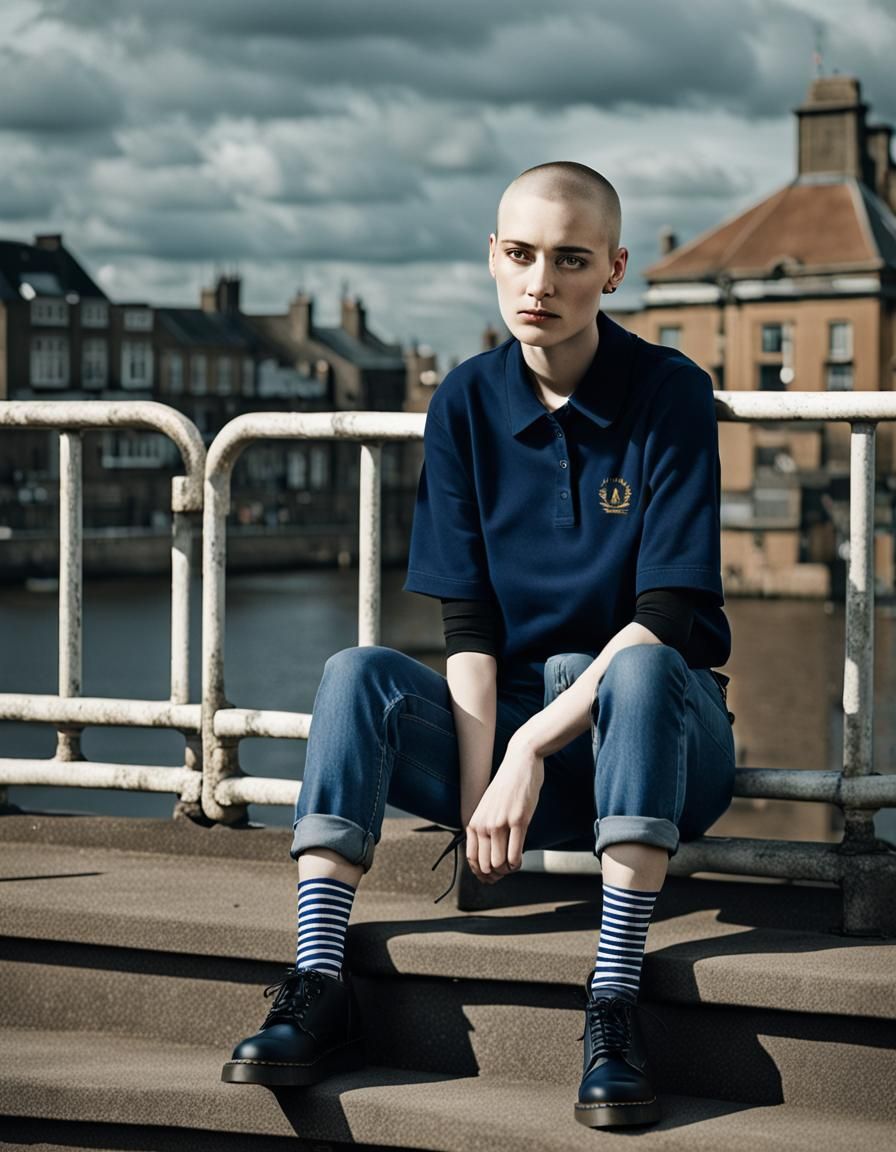 a skinhead woman sitting on a railing, a portrait, by Julia ...