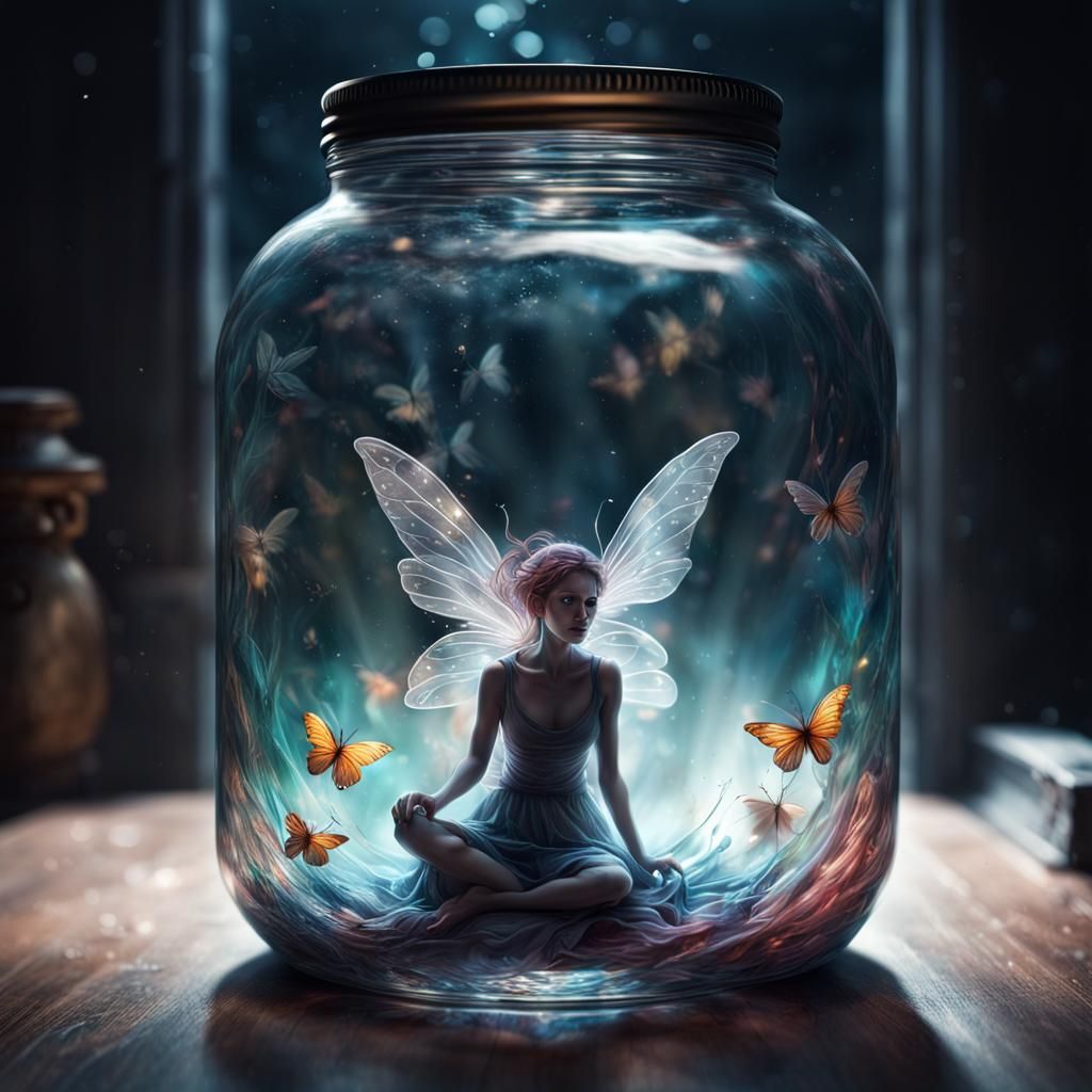 A fairy trapped inside of a jar.