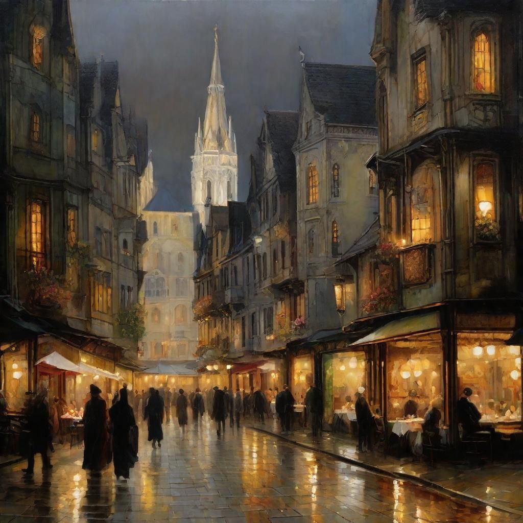 Medieval Town at Dusk in Oil Painting Style