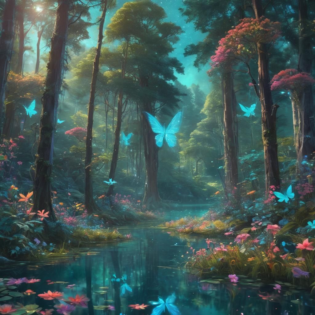 Enchanted Forest with Fairies and Turquoise Lake