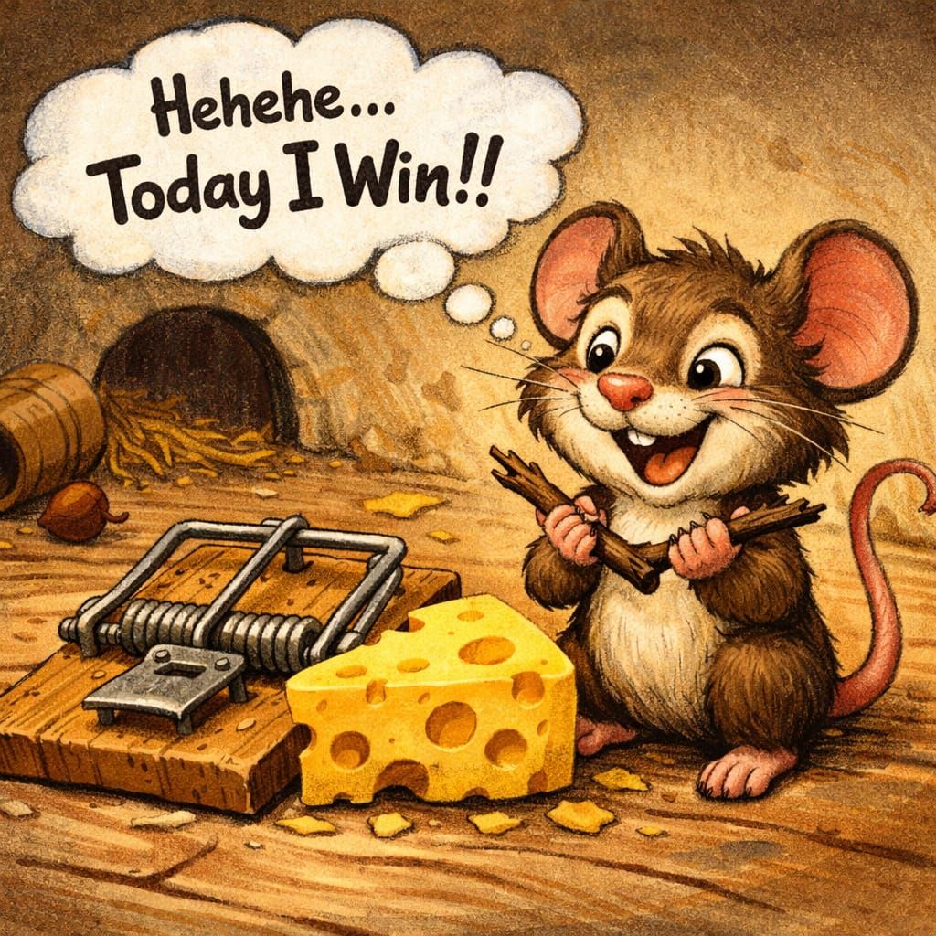 Mouse Celebrates Victory Over Mousetrap in Storybook Art