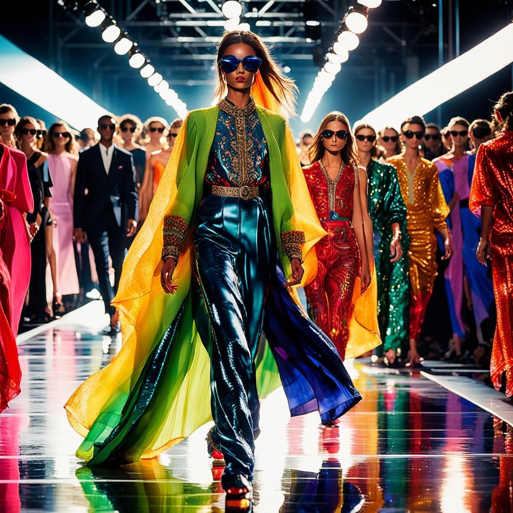 A vibrant fashion photo captures a supermodel in designer label attire on the runway show during fashion week.