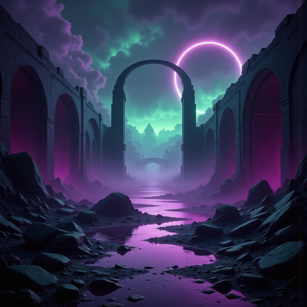 futuristic ruins in eerie green purple magenta twilight <lora:TwilightZone:1.0>