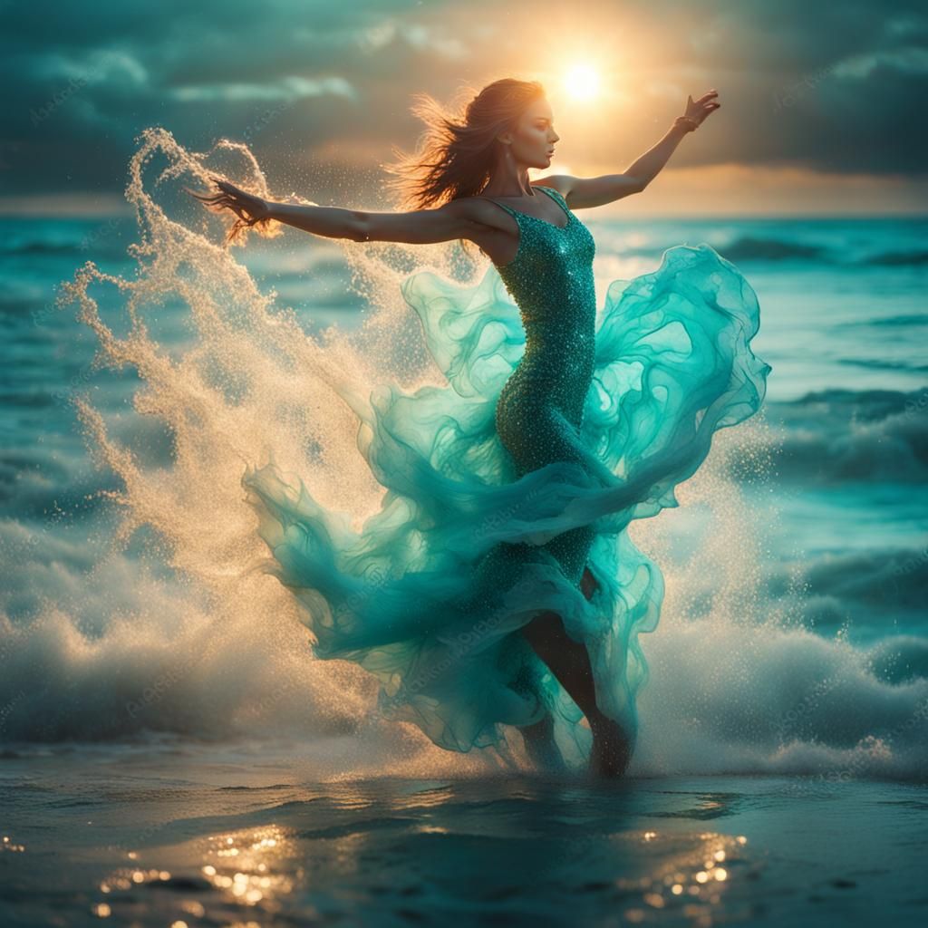 Hyper-Detailed Woman Dancer in Water-Splashed Dress