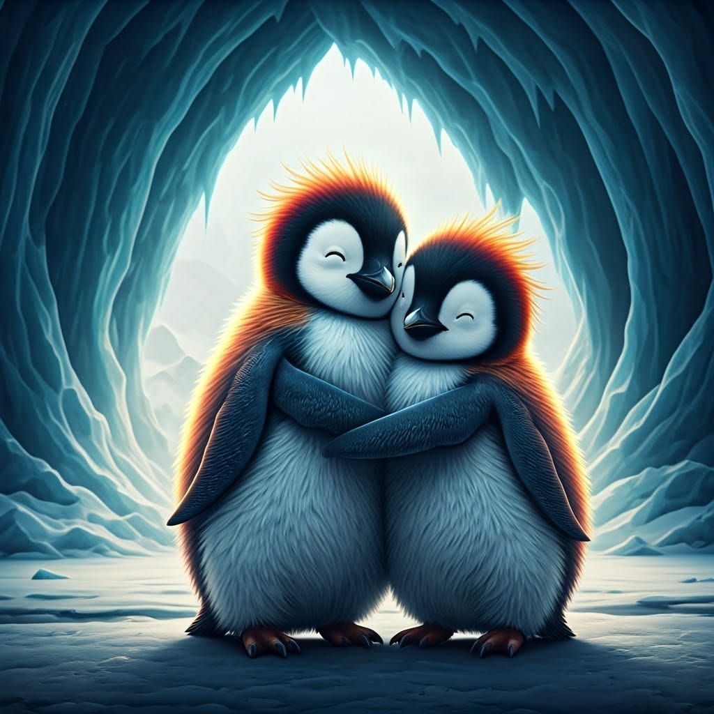 Penguin Twins Embrace in Antarctic Fantasy Art