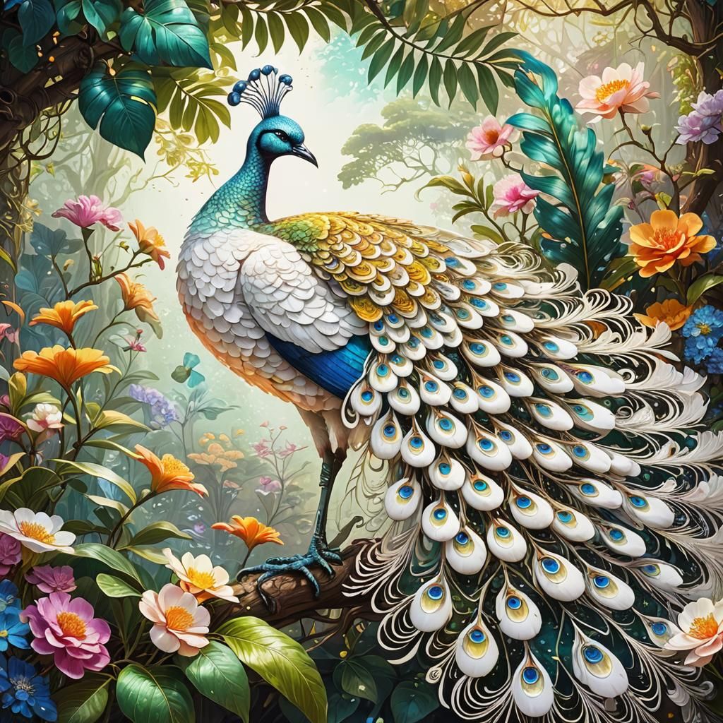 Colorful Peacock and Flowers - AI Generated Artwork - NightCafe Creator