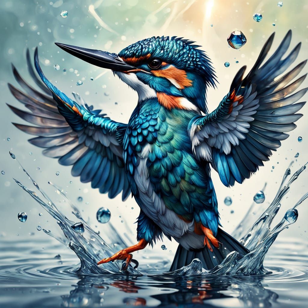 Surreal Kingfisher in Glittering Watercolor