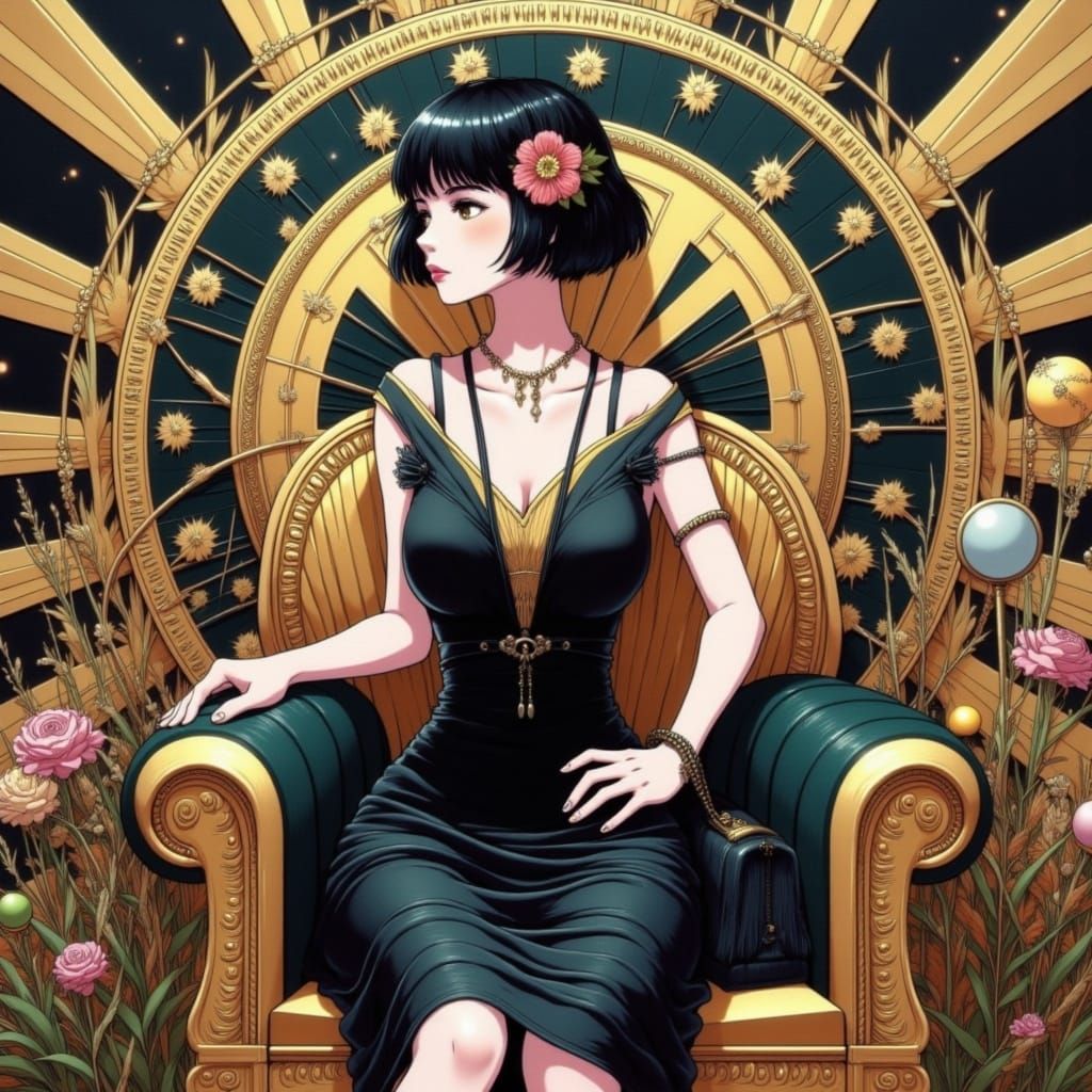 Parlour with 1920s flapper in black and gold, Art Deco style. <lora:Earth and anime:1.0> 