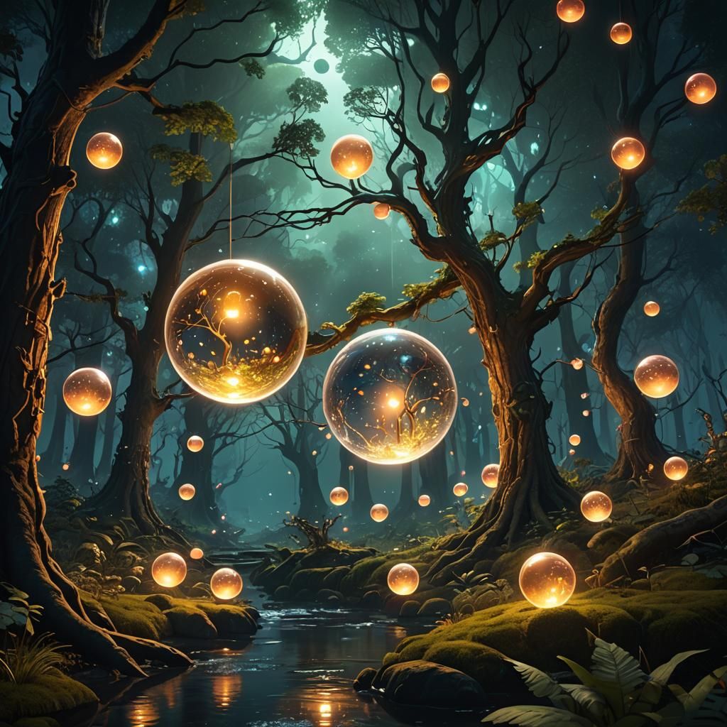 "Floating glowing orbs in a magical forest at night"  by @Luna