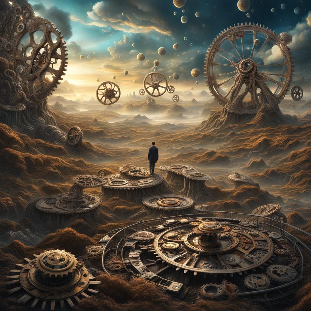a surreal landscape where the sky is a mosaic of galaxies, a...