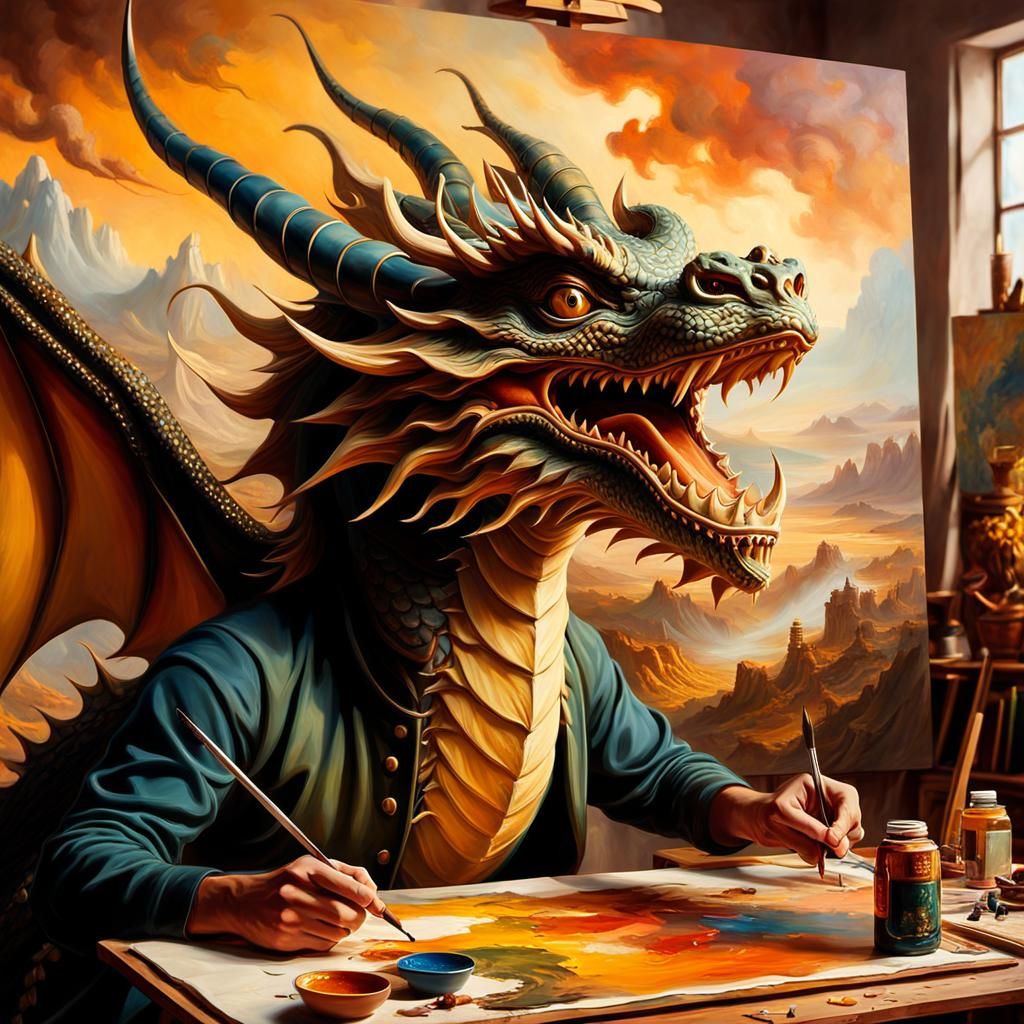 Man Paints Dragon in Cozy Art Deco Studio