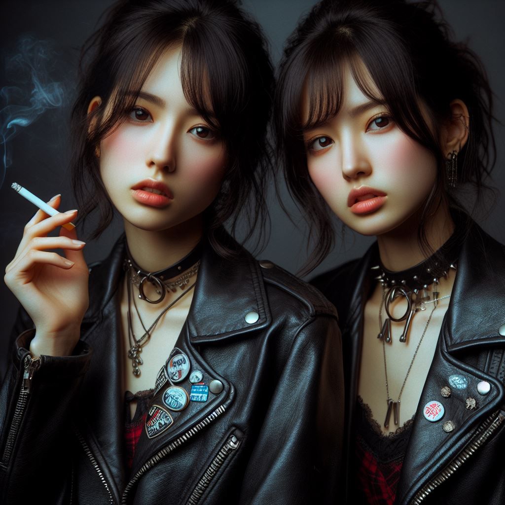Two Japanese rock girls , leather and smoke