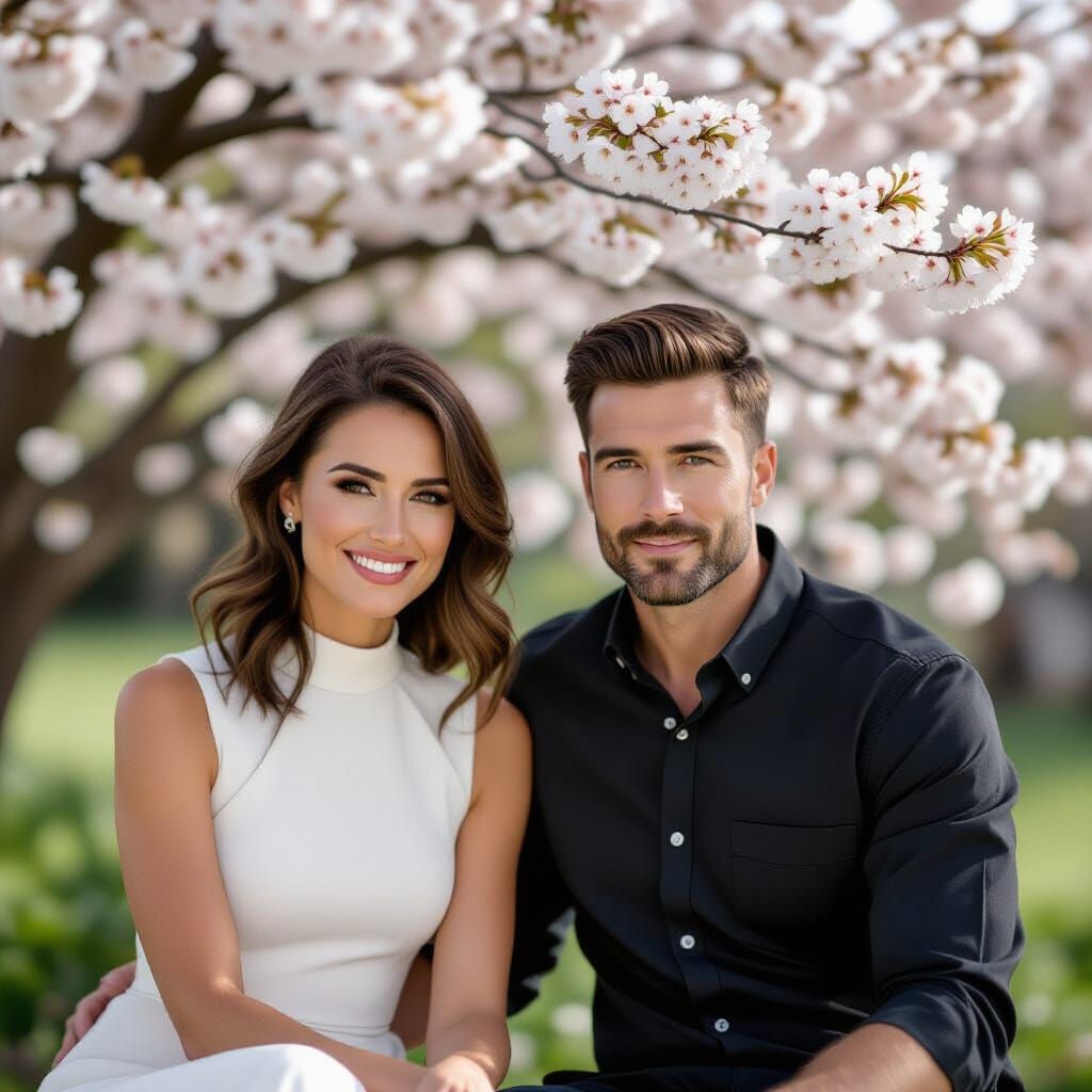 Romantic Cinematic Film Still of Couple Under Blossoms