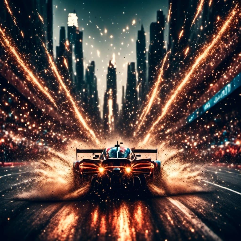 A massive Drag race, extreme action shot, tight corners in a cityscape racetrack, intense high-speed action, flying tire particles, flying a...