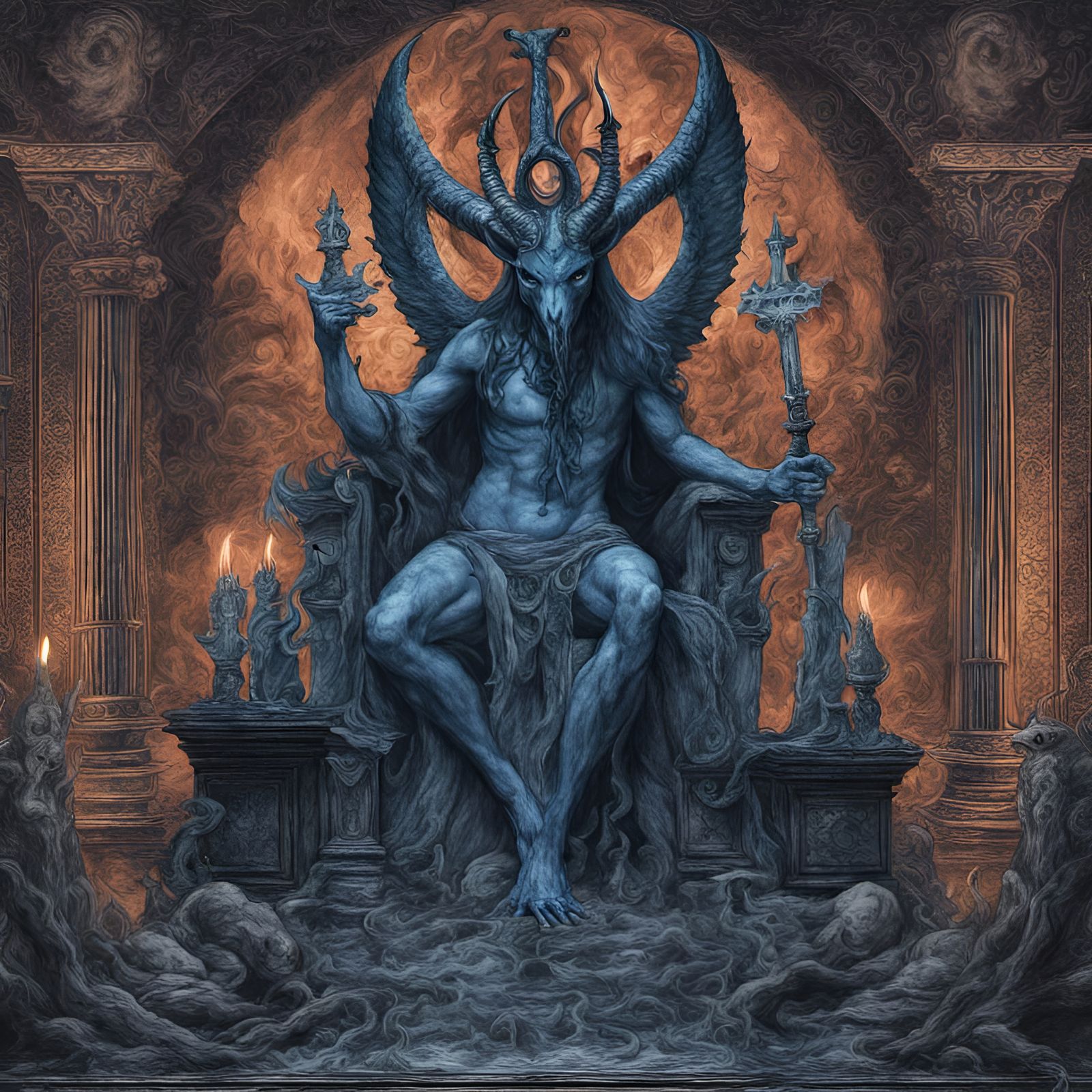 Baphomet and satanic altar in Hell blue and black in the sty...