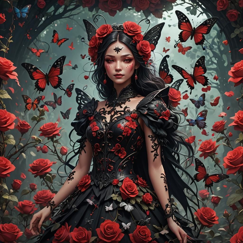 Red and black fairy surrounded by roses and butterflies