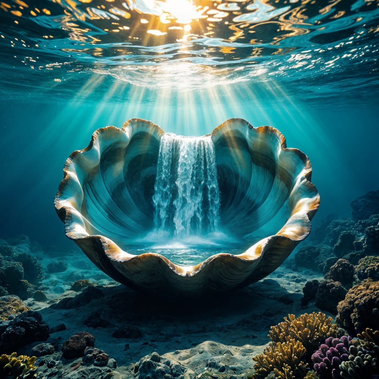 Photograph. Wide shot. A mesmerizing realistic waterfall is placed inside a giant clam shell under the sea, no humans, golden hour, cinemati...