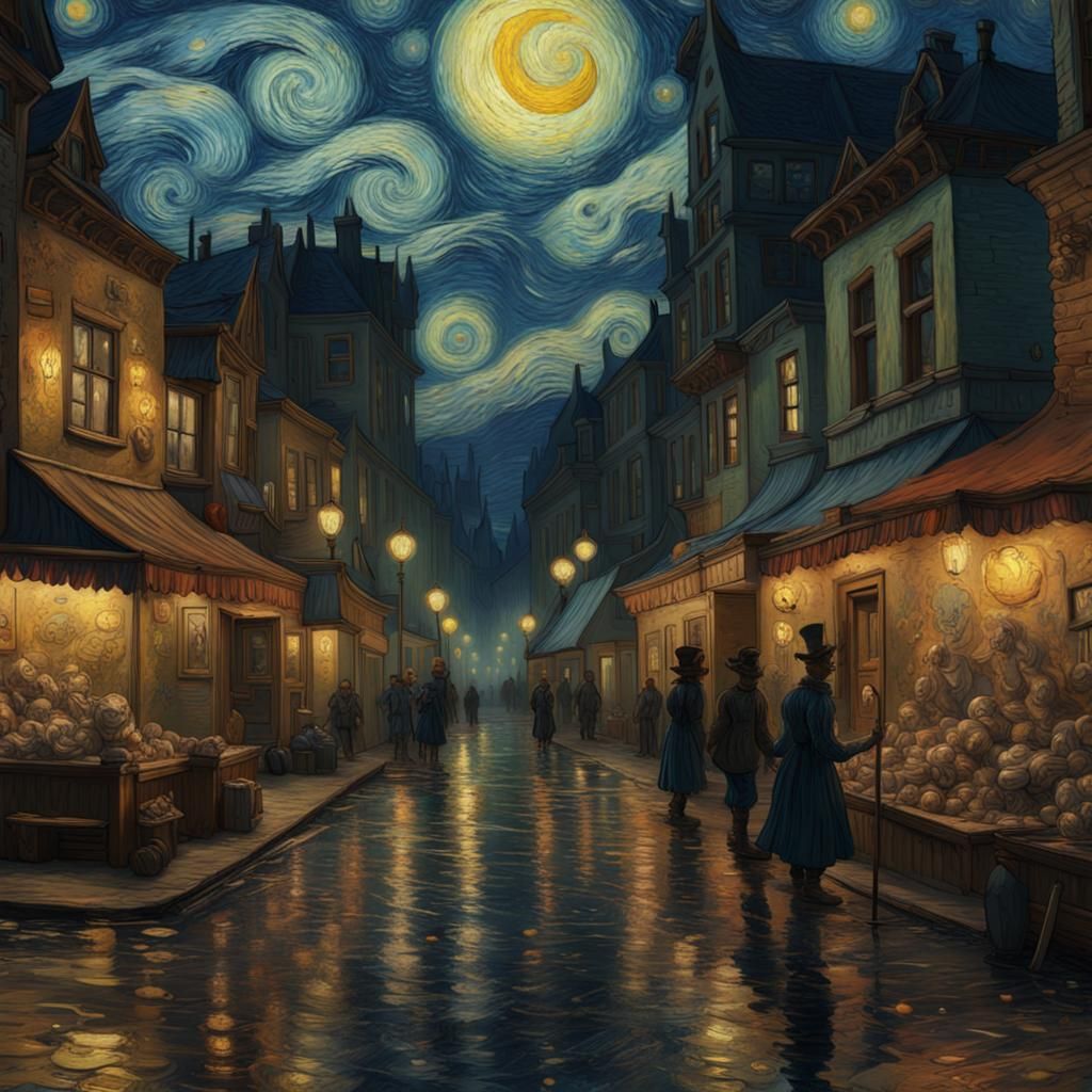 Van Gogh Starry Night painting creepy clowns  detailed matte...