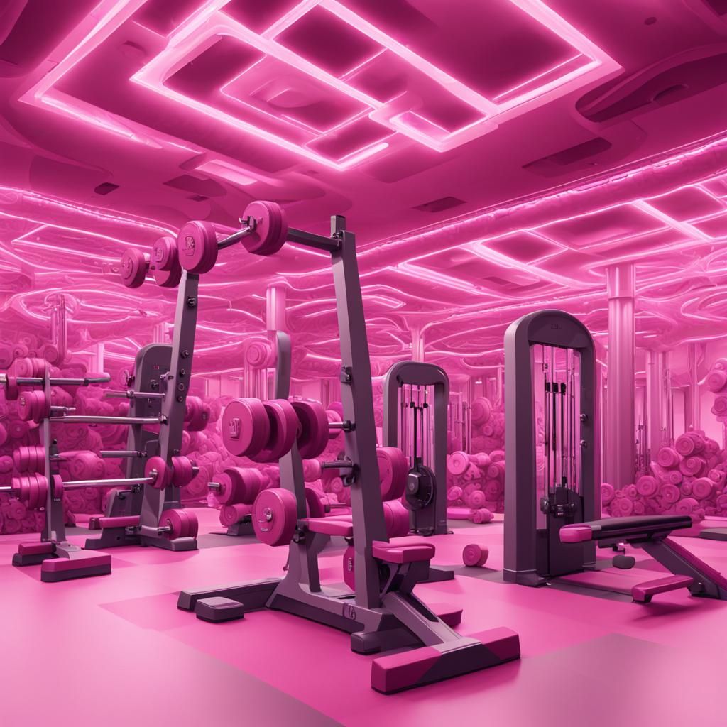 A weightlifting gym, pink gym, with strong man using pink du...
