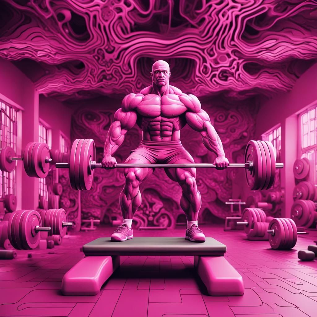 A weightlifting gym, pink gym, with strong man using pink du...