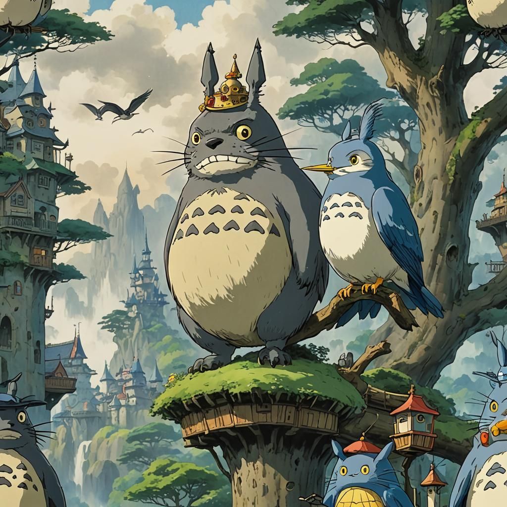 Totoro and the Heron on a Moving Castle   by @TrainToon