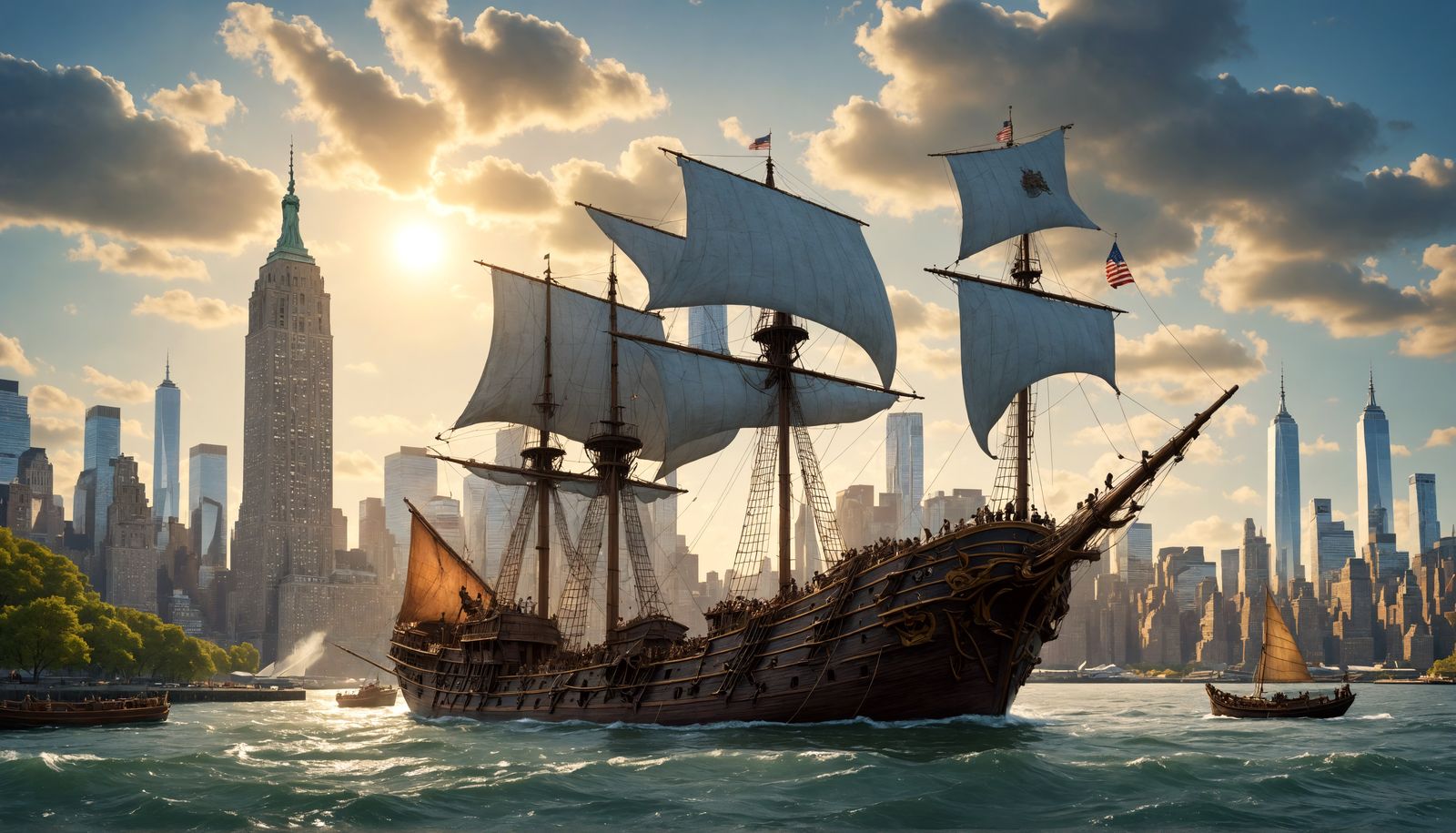 The medieval sailing ship sails into the Hudson River.