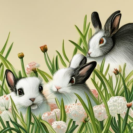 realistic black and white bunnies in a field of flowers - AI Generated