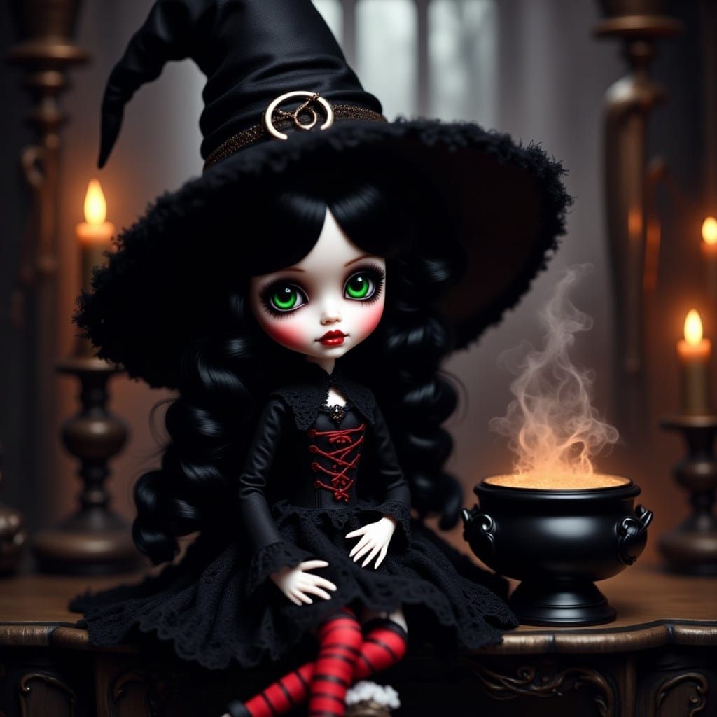 <lora:Flux Dolls:1.0> Beautiful witch doll, black hair, big round eyes, wearing striped tights, wearing witch hat, sitting next to a witches...