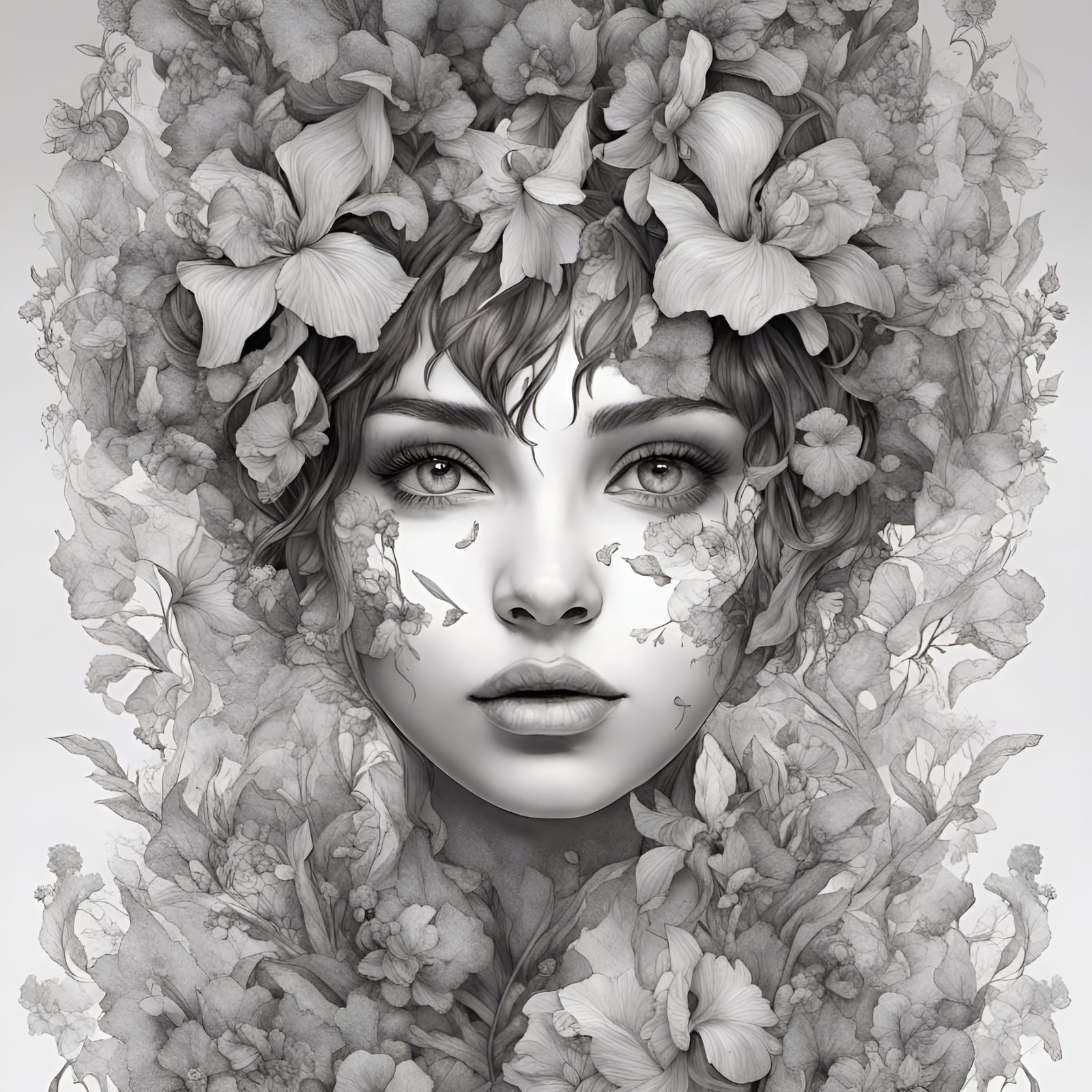 Black And White Ink Drawing Of A Beautiful Young Pixie Girl Overlayed By Flowers Ai Generated 9201