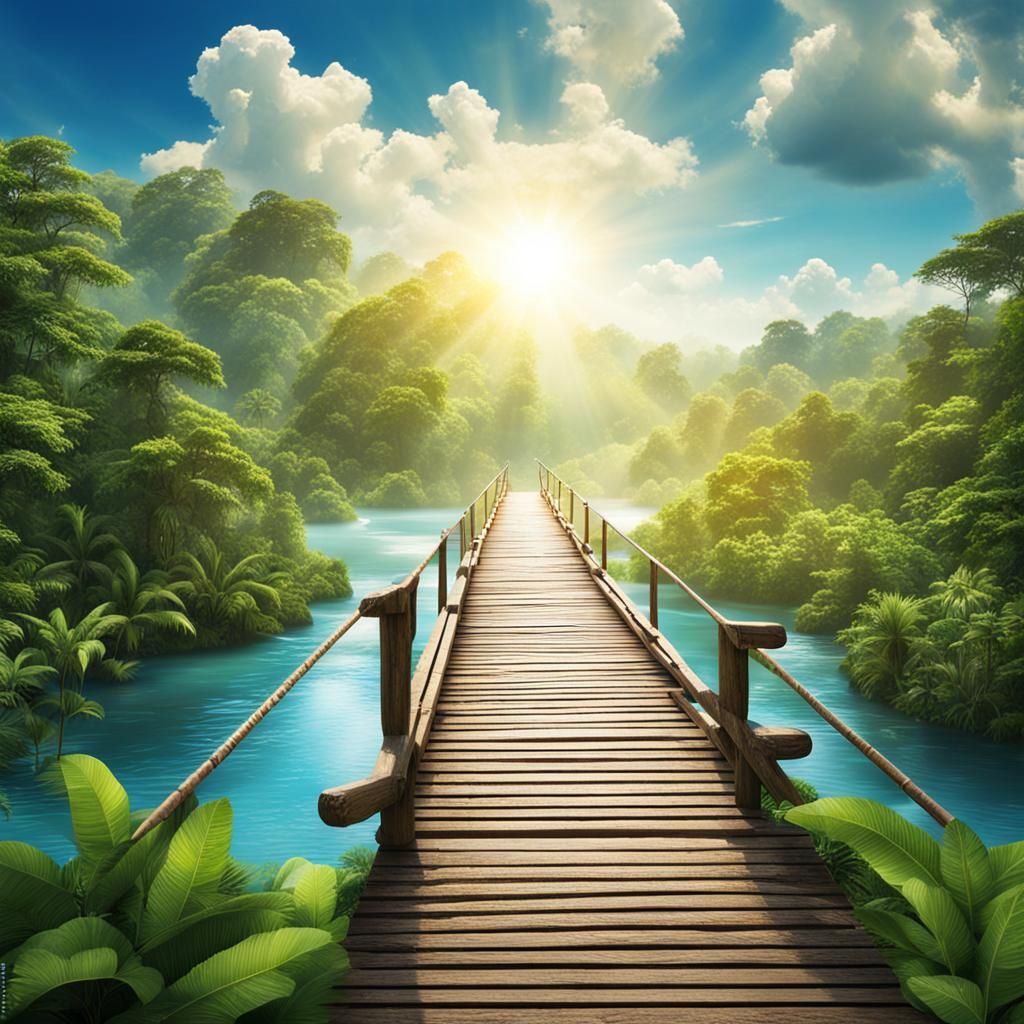 Imagine the sumptuous scene of a wooden bridge crossing a ri...