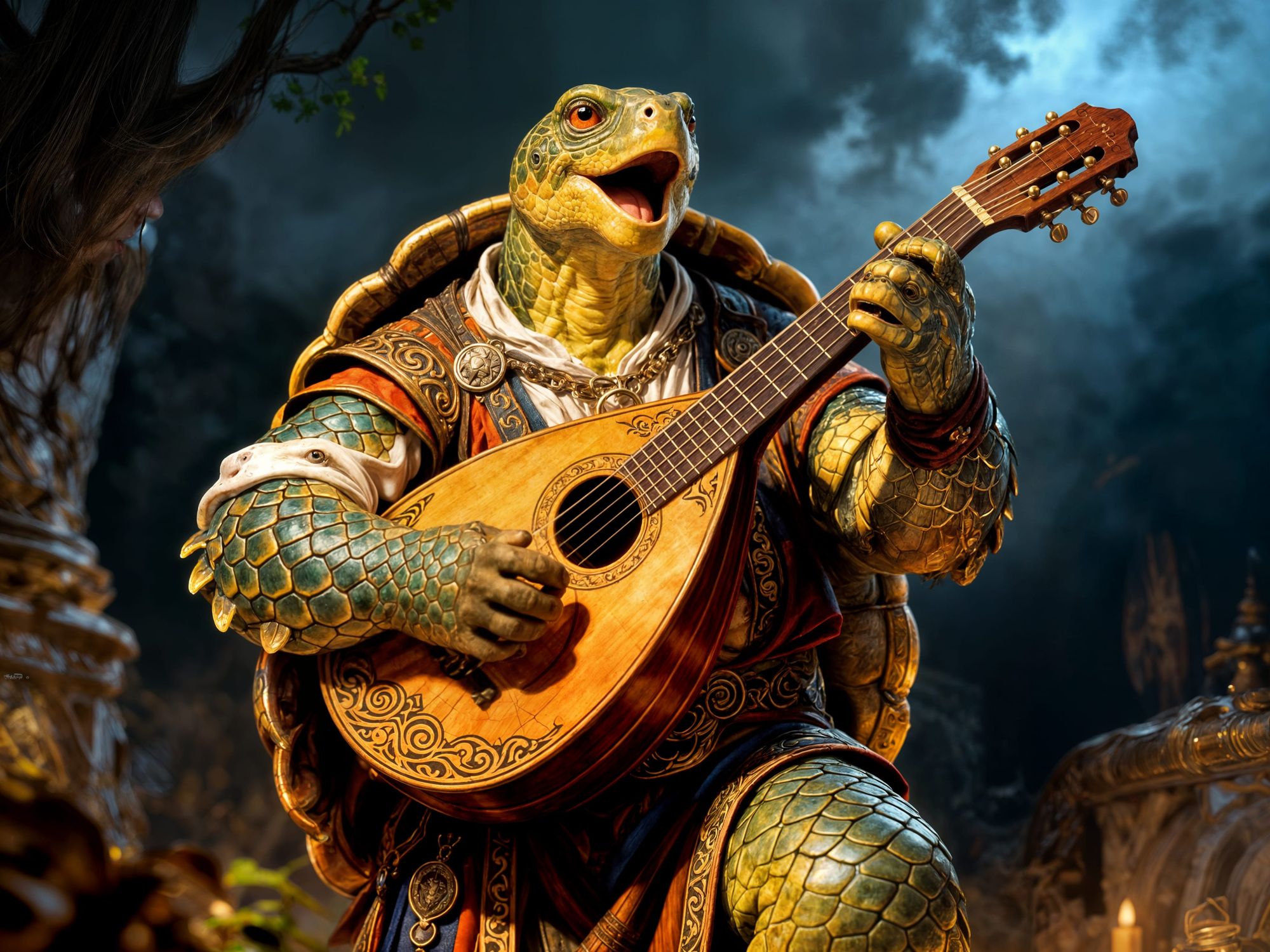 Masterpiece Monday anthropomorphic turtle playing the lute and singing; d&d tortle bard hero character; epic heroic d&d character art in the...