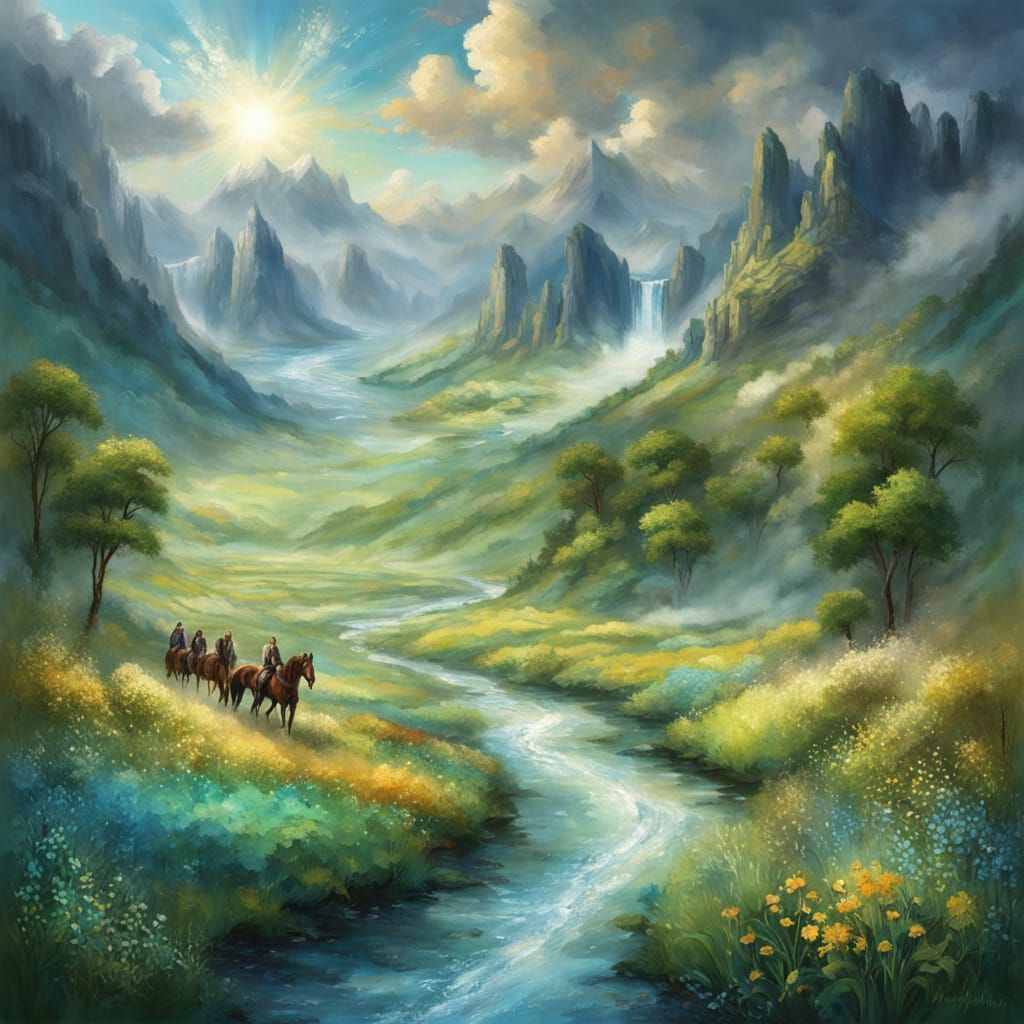 A highly detailed fantasy painting of a magical valley surrounded by towering mountains. A horse-drawn carriage rides along a sparkling rive...
