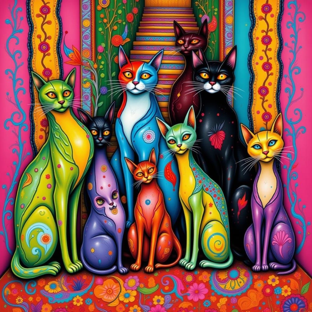 <lora:Long-limbedandthin:1.0> <lora:Canine-Feline:1.0> A cat family version of the Brady Bunch lined up on a 70's style stairwell, gaudy pin...
