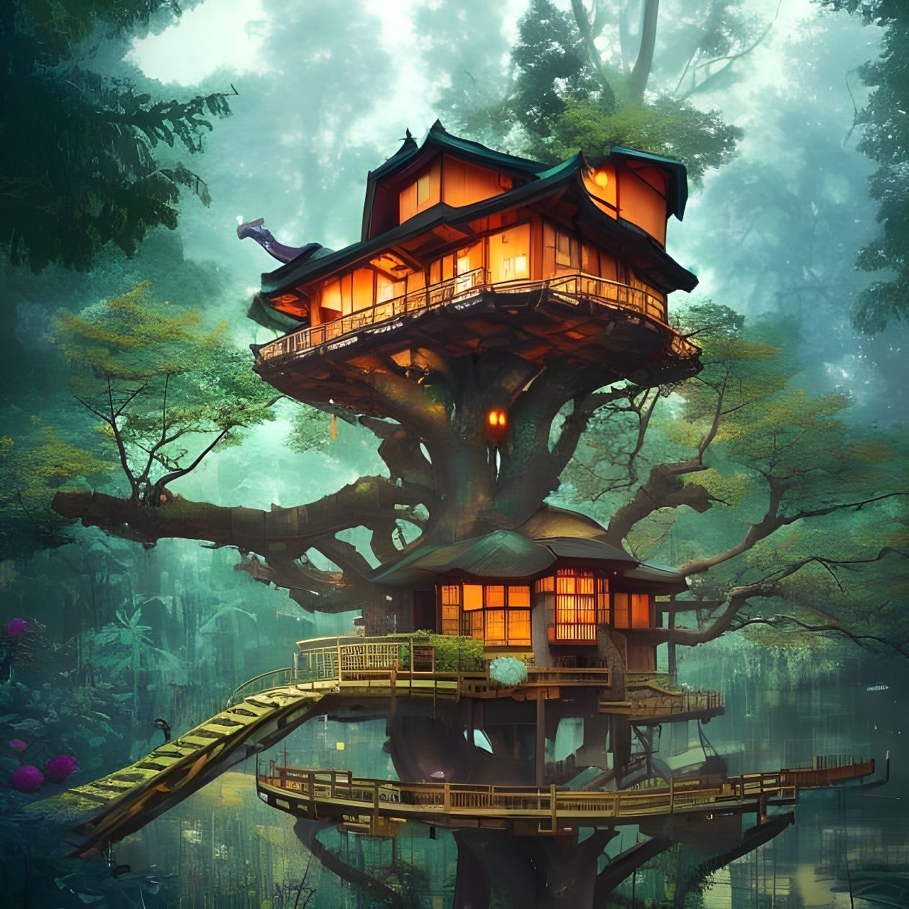 Japanese Treehouse Photoillustration in Maximalist Style