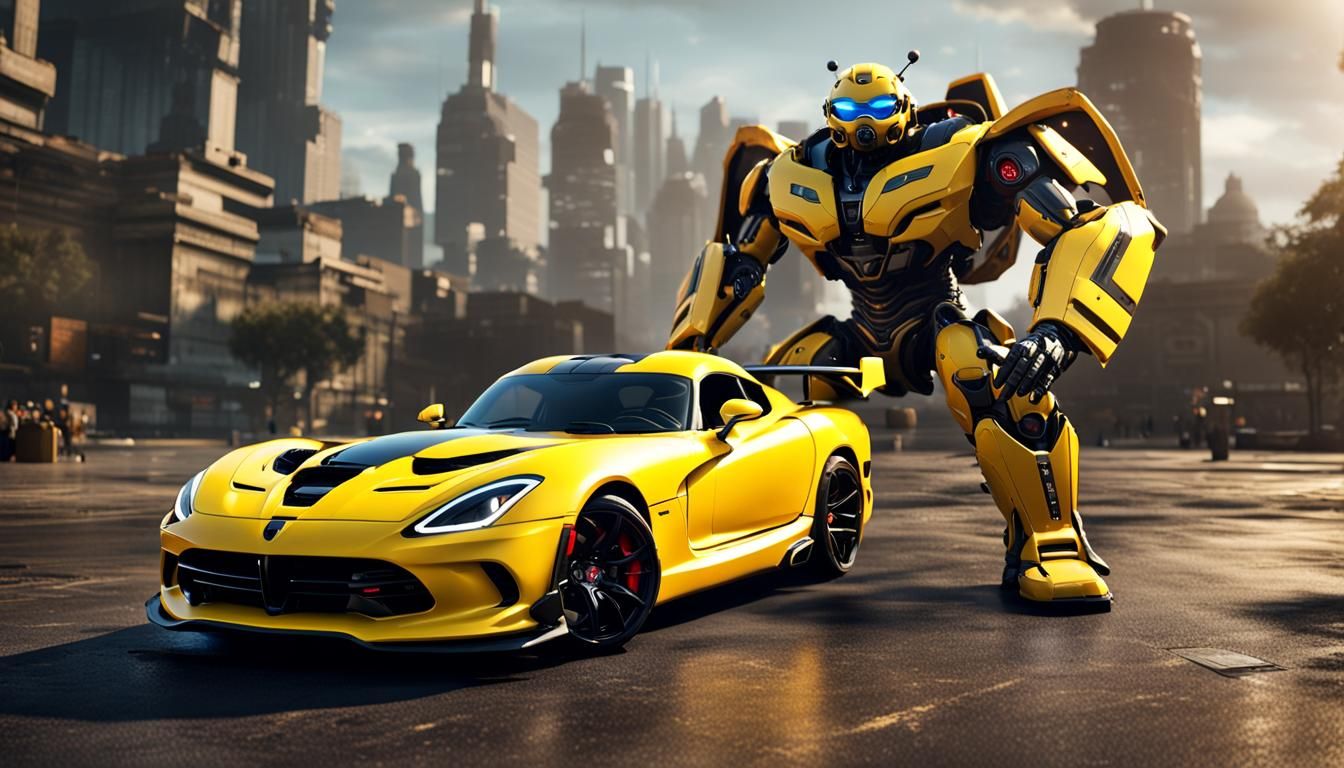 A Yellow Dodge Viper ACR transforms in a Robot known as Bumble Bee from the Transformers