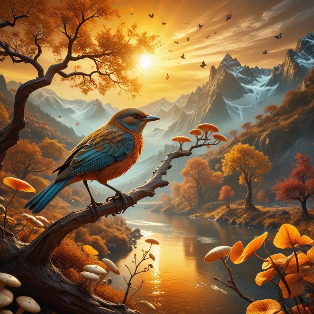eerie autumn color bird on branch ((world tree that touches the sky )),lower mountains and river with bright sun piercing trough the branche...