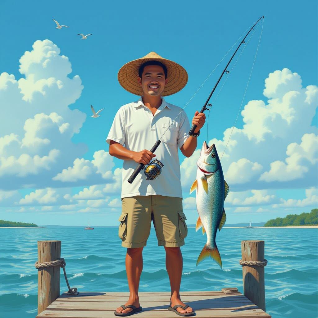 At the Bedok jetty, a Singaporean man, wearing a Vietnamese hat, caught a huge fish that is dangling at the end of his fishing line. The sea...