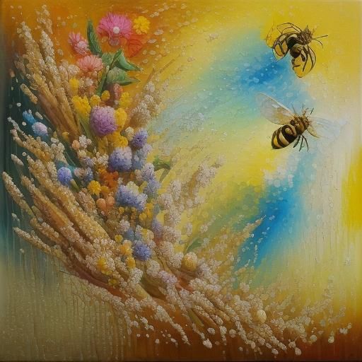 Bees Pollinating Honeycomb in Expressionist Oil Painting