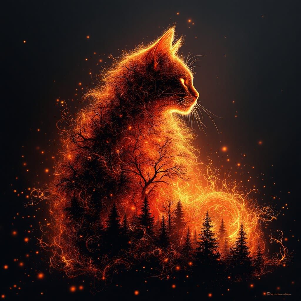 Fiery Feline Silhouette in Mystical Forest