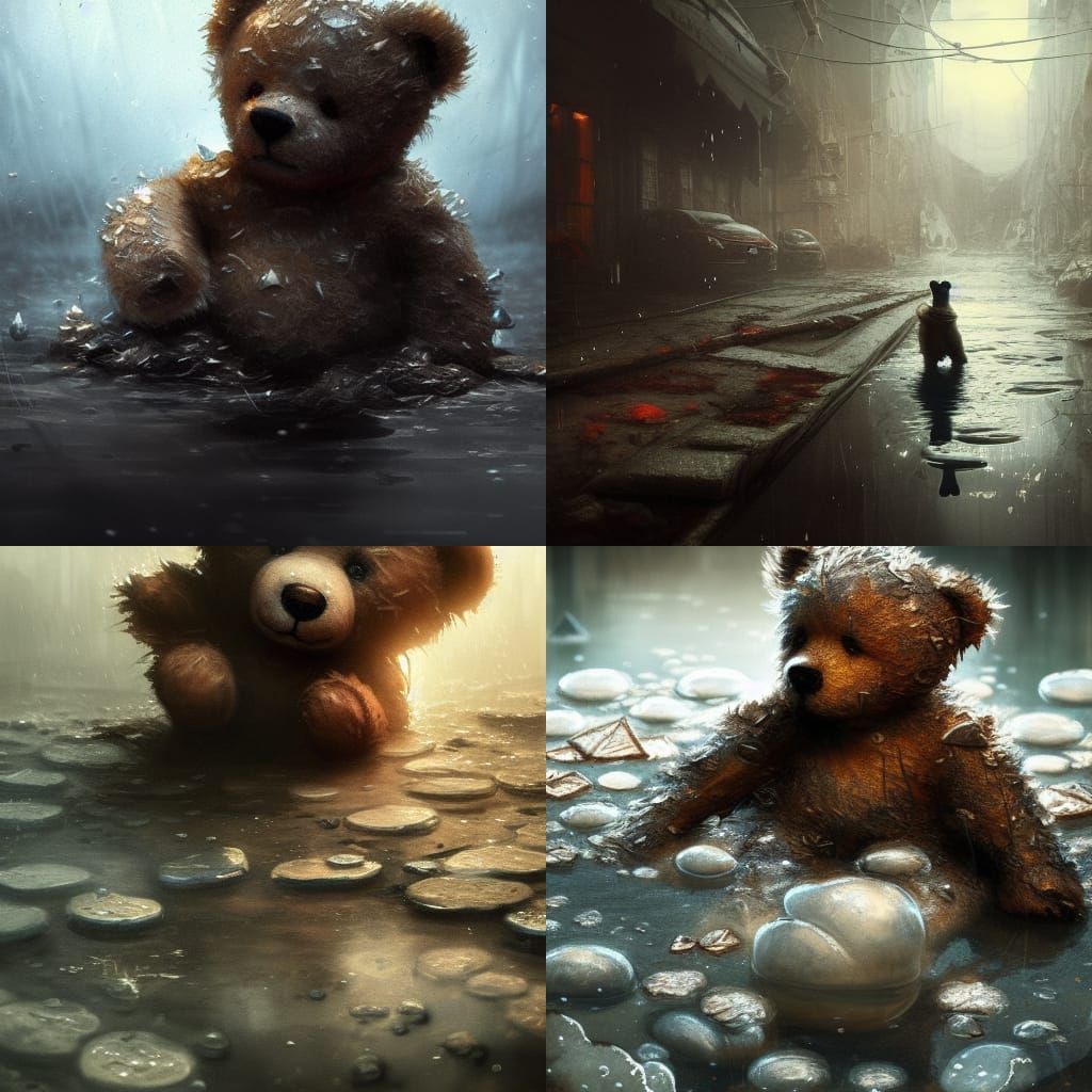 Tattered teddy bear in puddle of water a masterpiece, 8k res...