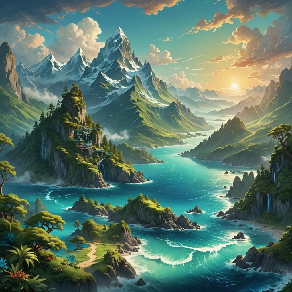 Epic Fantasy Landscape: Mountains, Ocean, and Forests