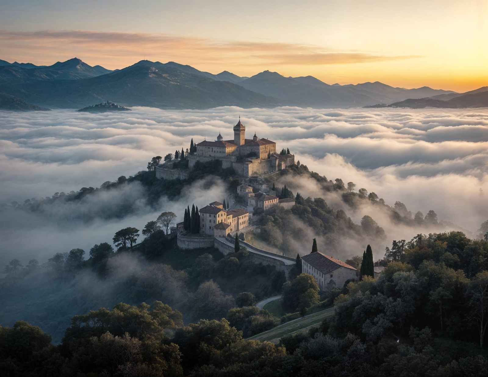 Misty Italian hill landscape on a early morning with view over a citadel from above the fog  by @Fokje