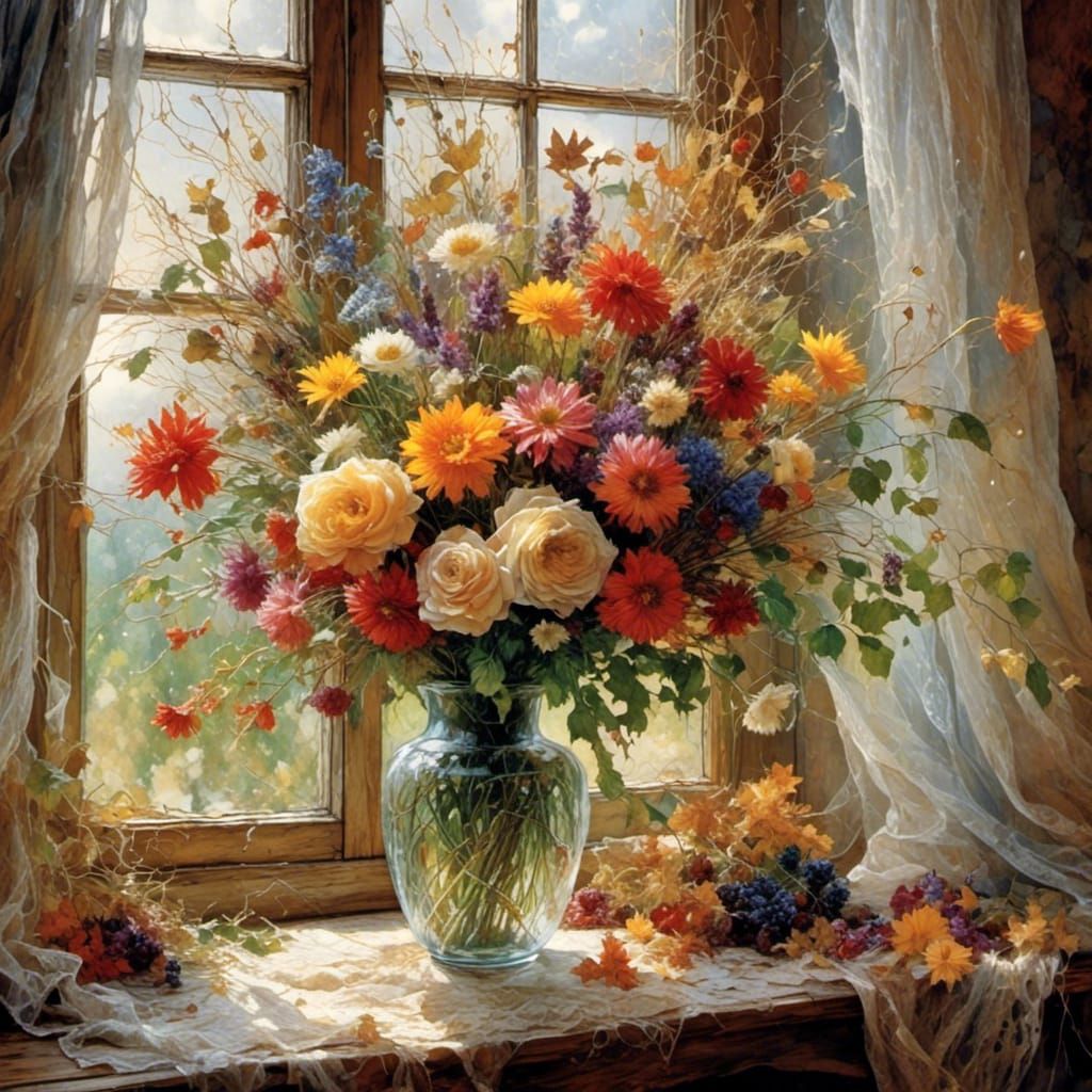 Floral Bouquet in Clear Vase by Window