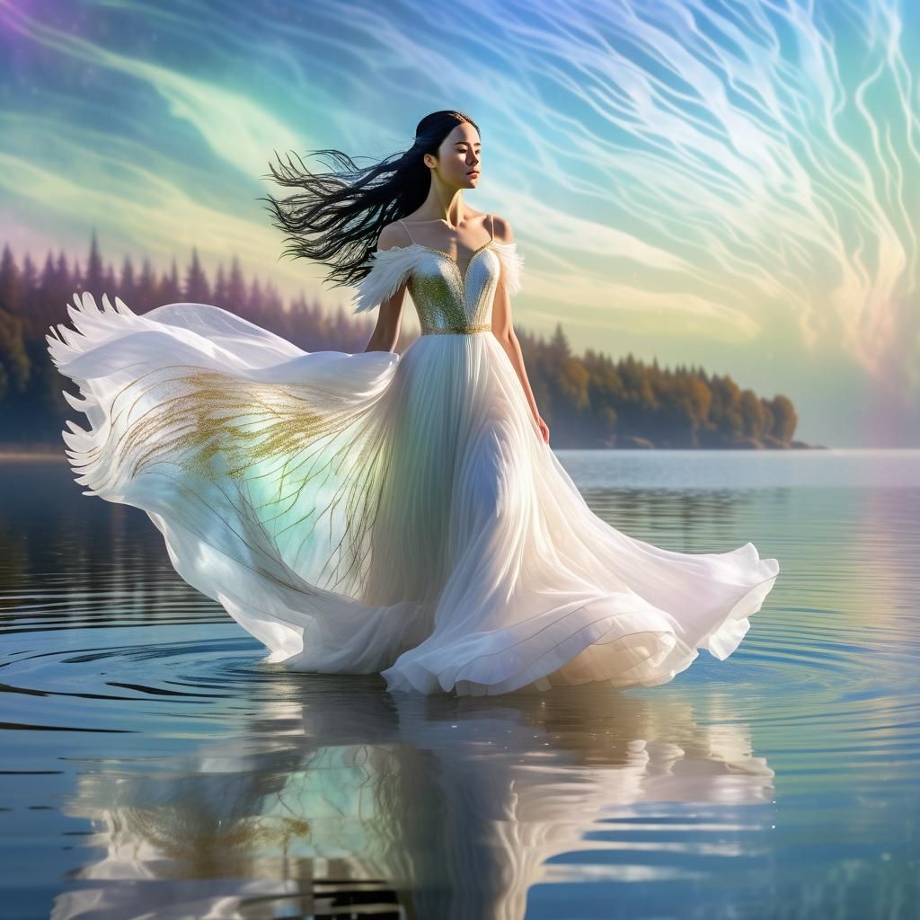 Beautiful,raven-haired swan princess, draped in a resplendent, white gown with intricate, silver-thread embroidery and delicate, floral-patterne...