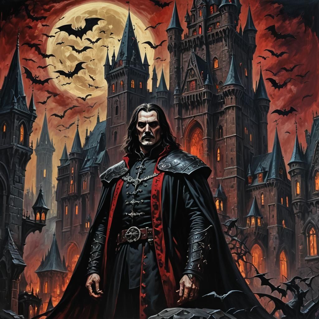 A gothic horror medieval dark red and black portrait of vlad...