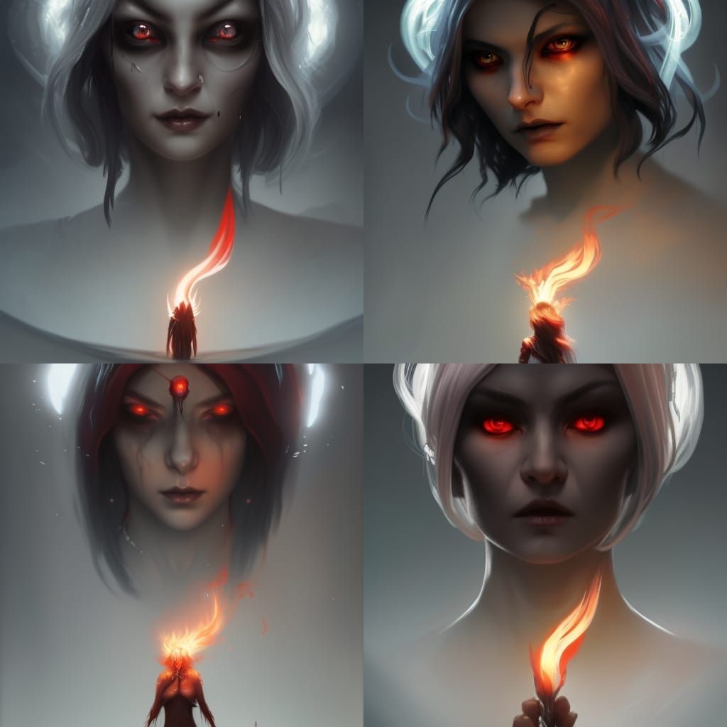 A woman in shadows with silver hair red eyes and with a flam...