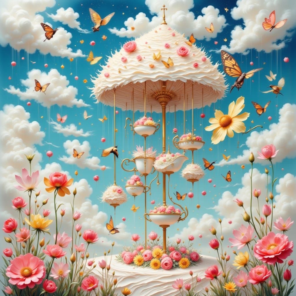 Surreal Dreamscape with Candy Rain and Floating Carousel