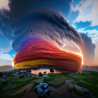 A sunset supercell thunderstorm with lighting and tornado an...