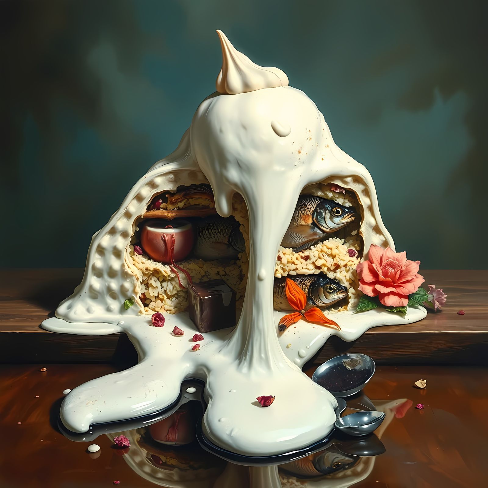 A slice of partly melted Feta cheese revealing its bizarre interior.  by @Anything-Goes